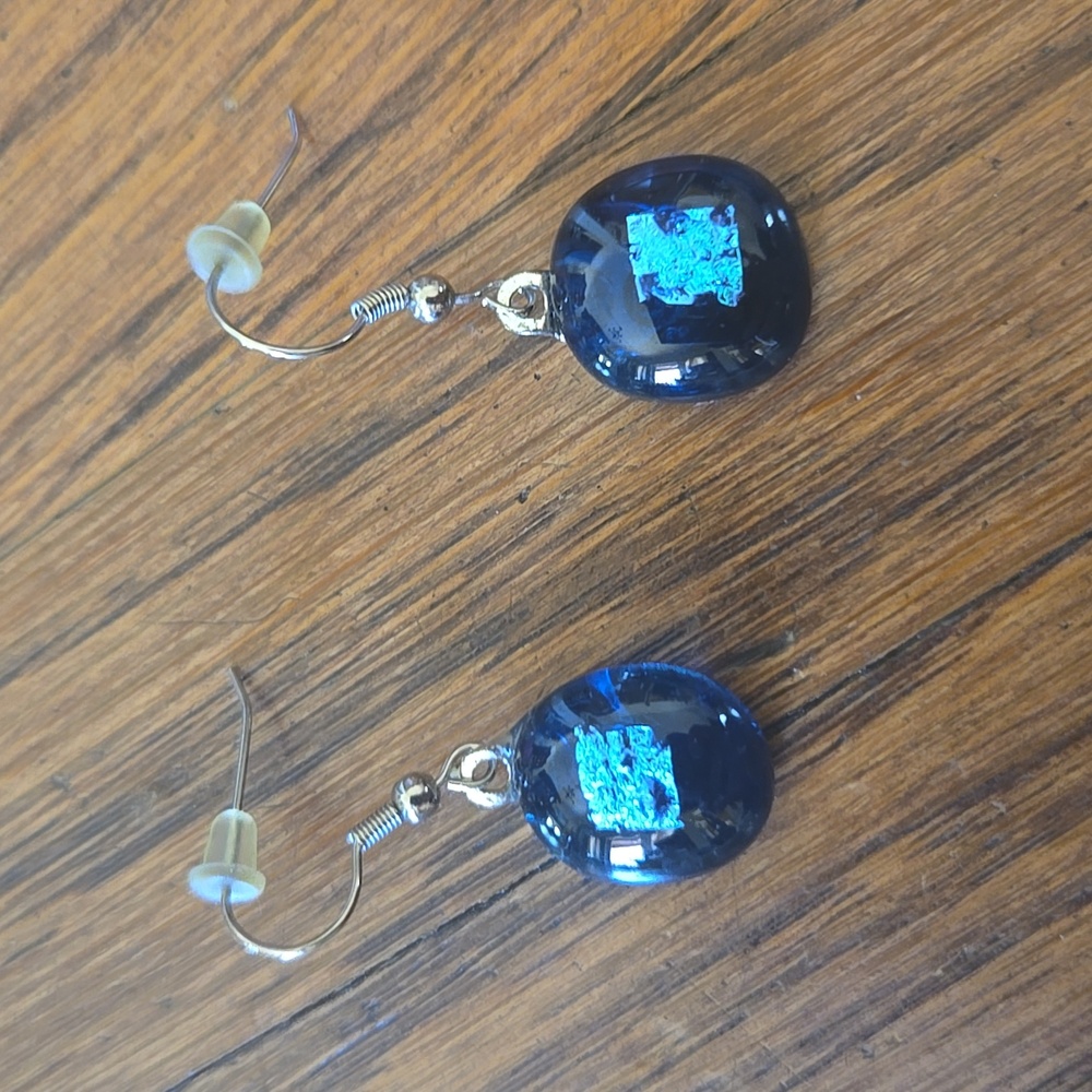 Blue glass and foil art fair earrings